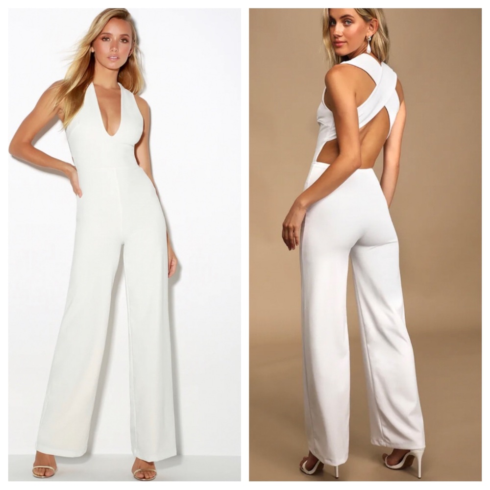Lulu’s Thinking Out Loud White Backless Jumpsuit Sz: S